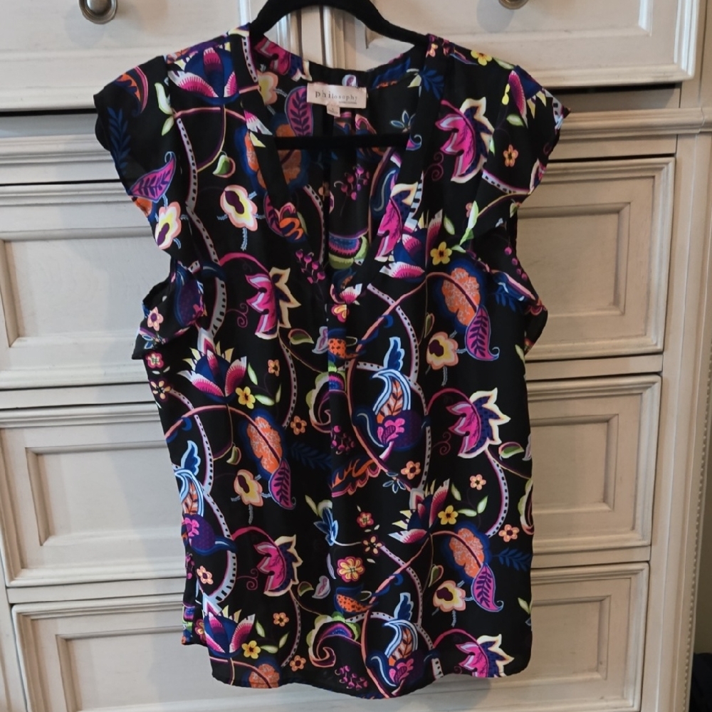 Philosophy Pink and Purple Ruffled Cap Sleeve Blouse
